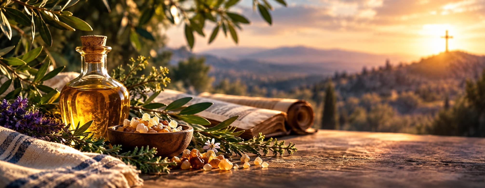 Faith and Healing Sunset with Holy Anointing Oil and Scripture